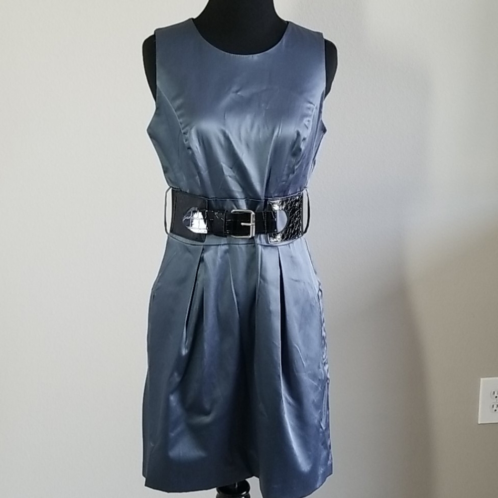 BCX Gorgeous Belted Silky Blue Grey Dress